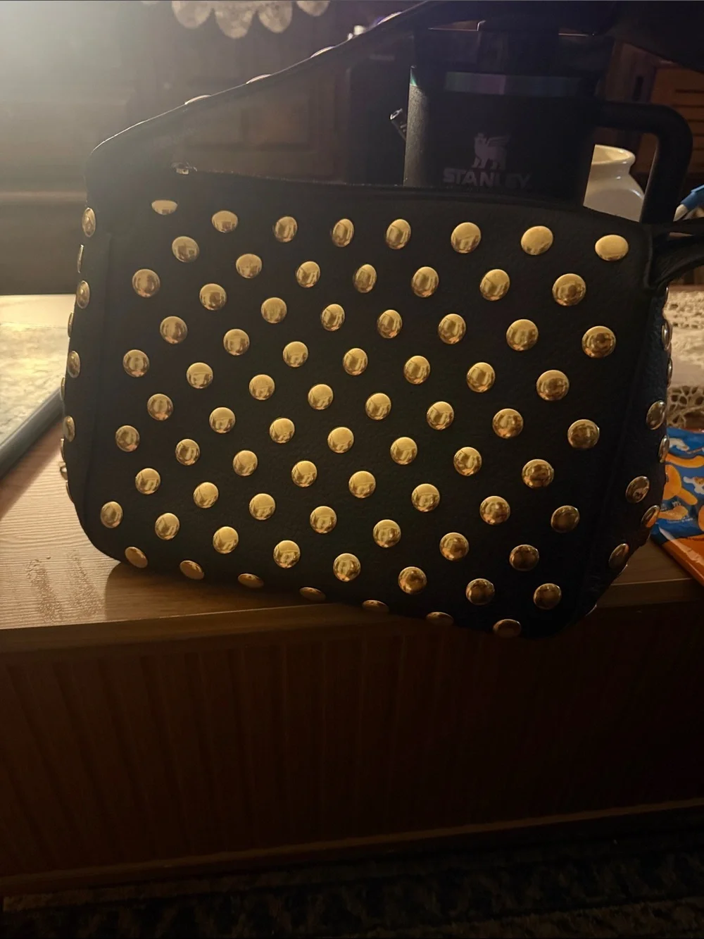 Black Studded Crossbody Bag with Gold Accents